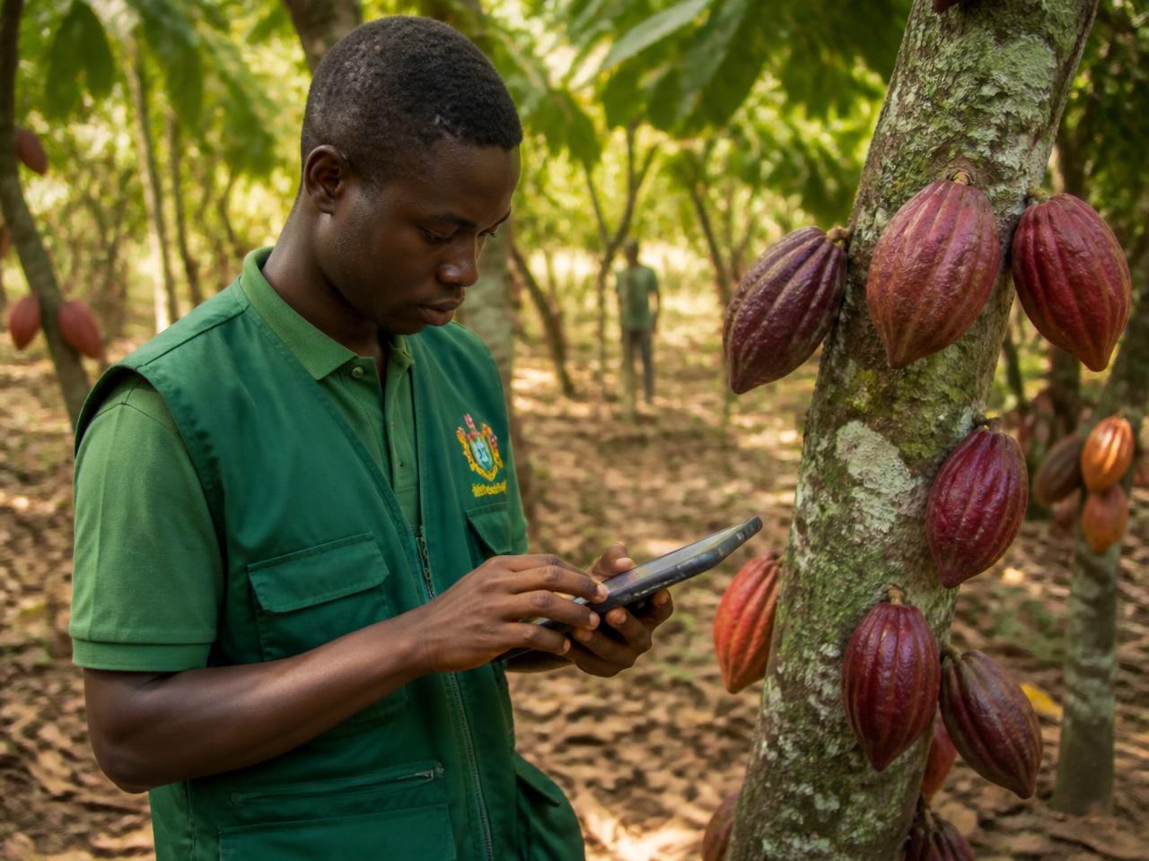 Field officer recording farm data beside a cocoa tree